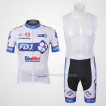 2012 Abbigliamento Ciclismo FDJ Bianco e Celeste Manica Corta e Salopette